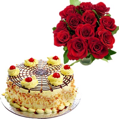 "Delicious round shape butterscotch cake - half kg, 12 Red roses - Click here to View more details about this Product
